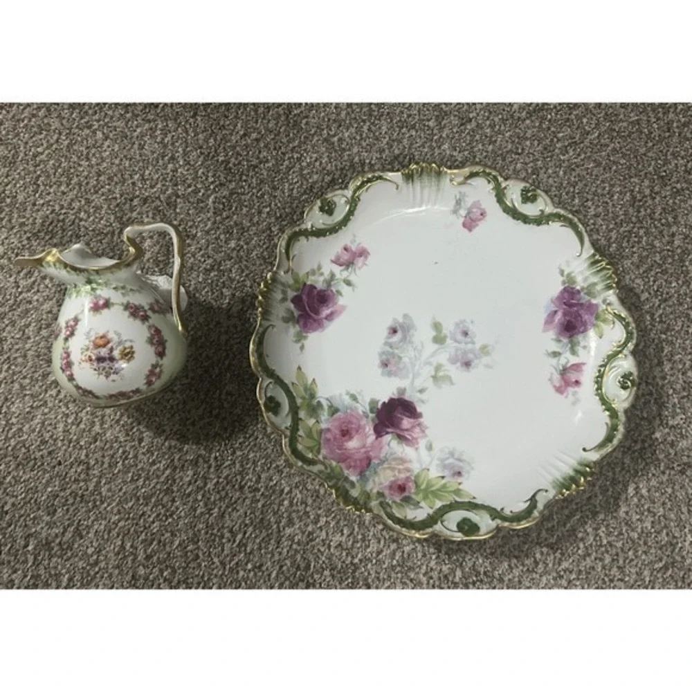 2PC Antique Limoges Coronet Porcelain Plate Royal‎ Bayneuth Creamer Pitcher Gold